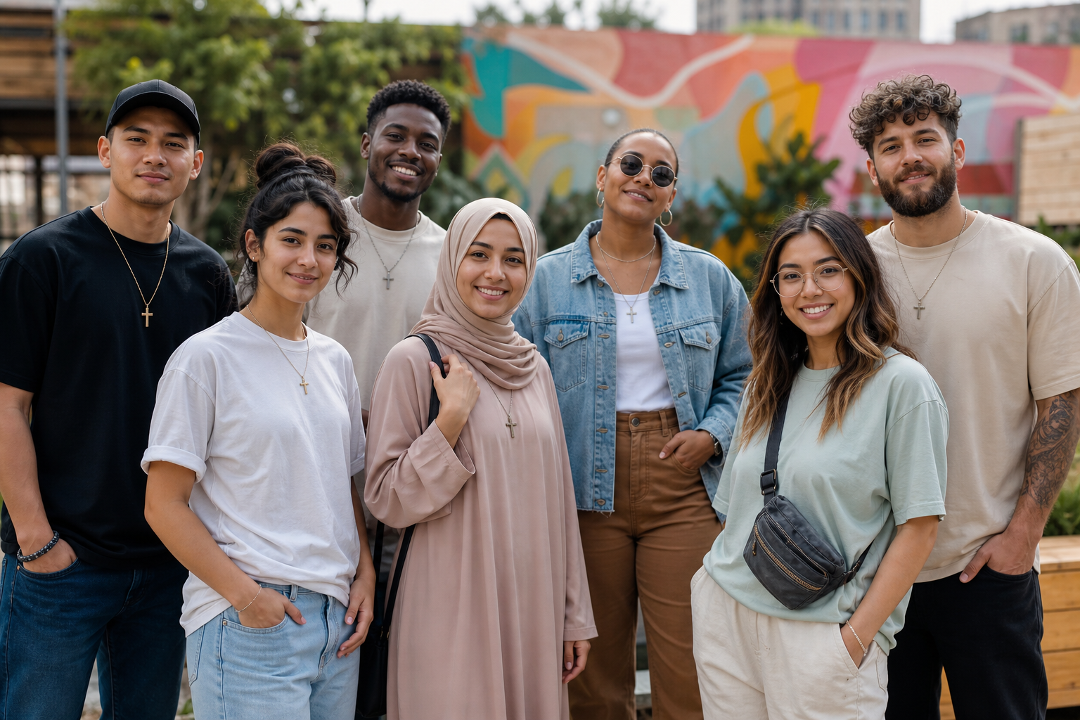 Stylish individuals wearing faith-inspired apparel and accessories, demonstrating Wear Your Faith Tips