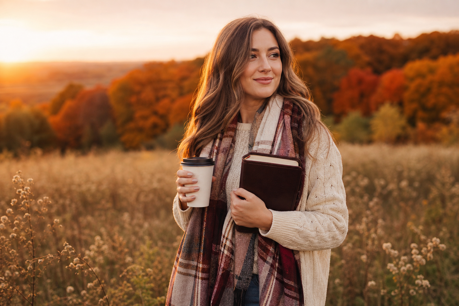 Autumn Christian Wear featuring a woman in a cozy faith-inspired hoodie walking through a park with fall foliage
