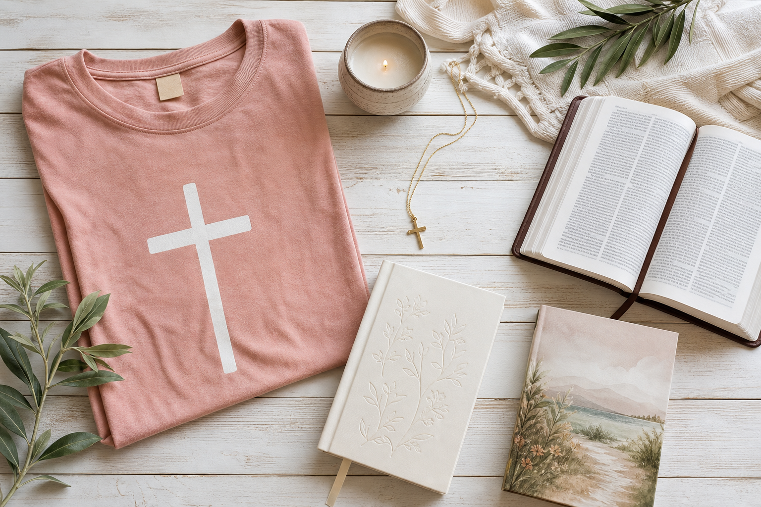 Thoughtful Christian Gift Guide with various faith-inspired items like a cross necklace, Bible, and devotional book