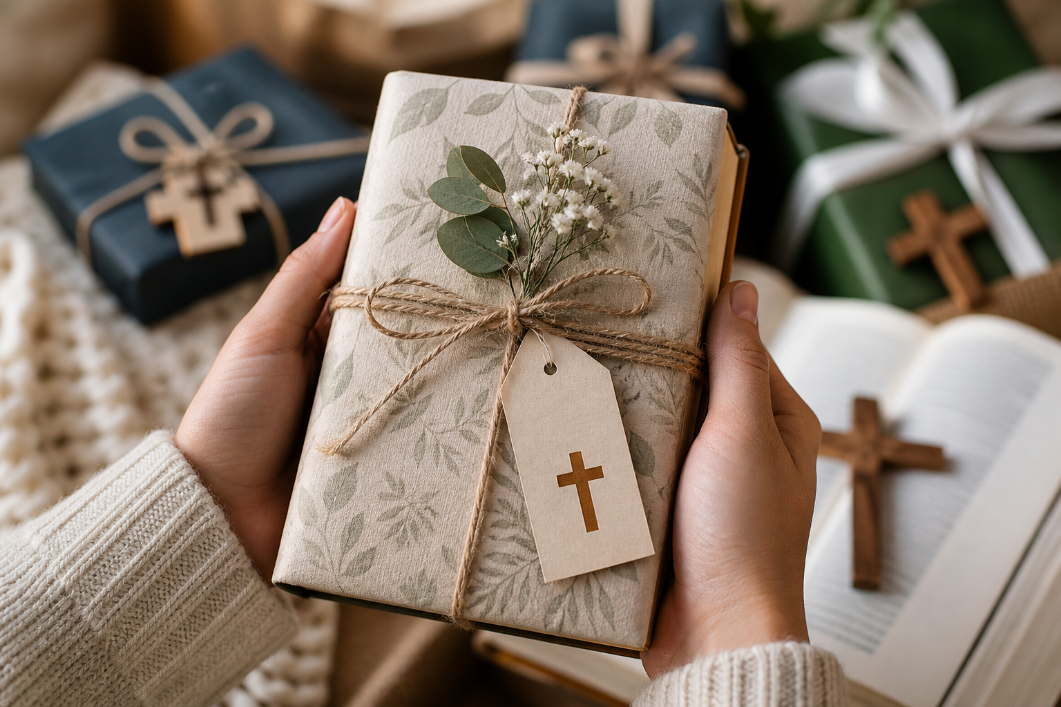 A diverse collection of Christian Gift Guide items, including books, jewelry, and apparel, arranged artfully