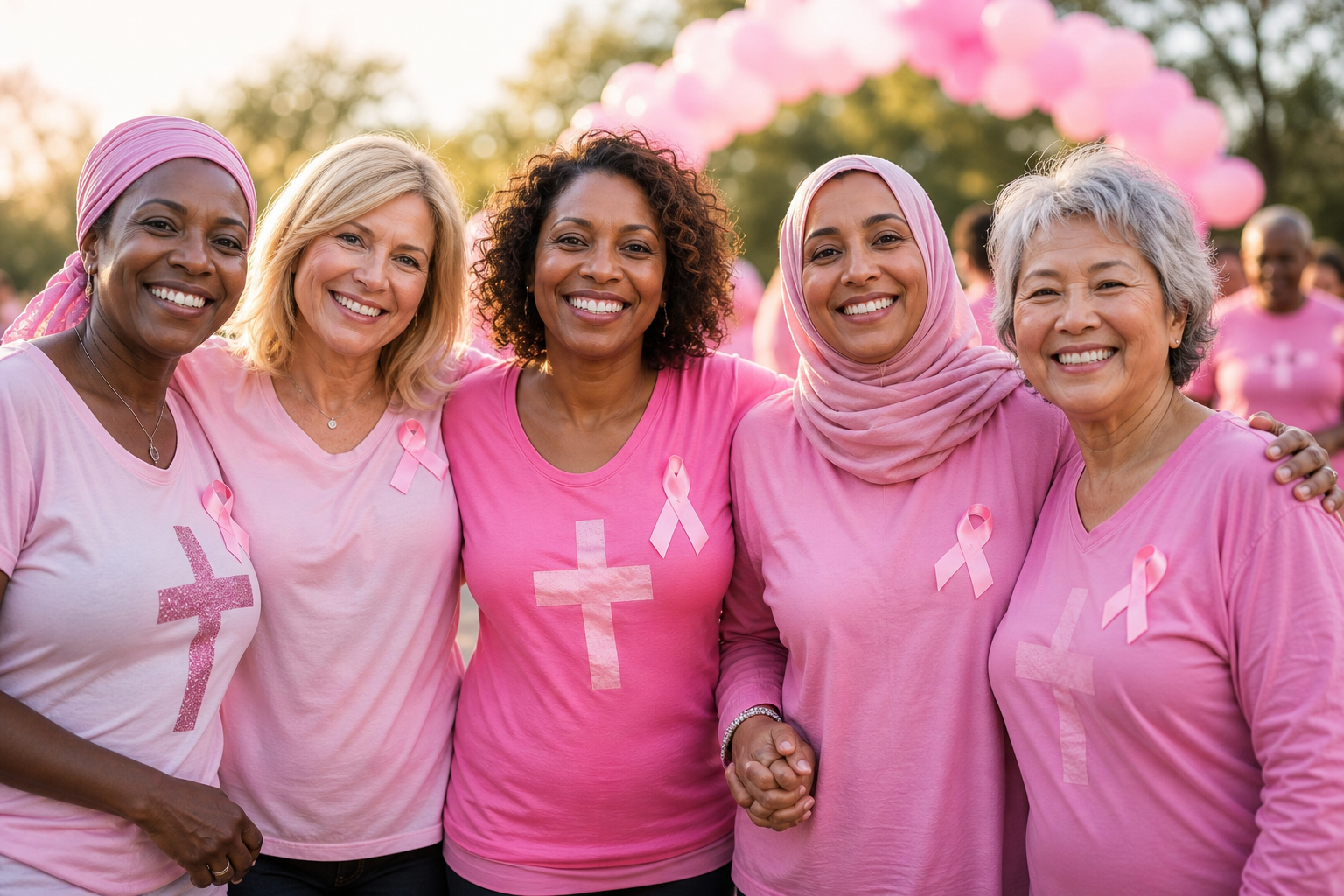 Diverse individuals showing Pink October Support with pink ribbons