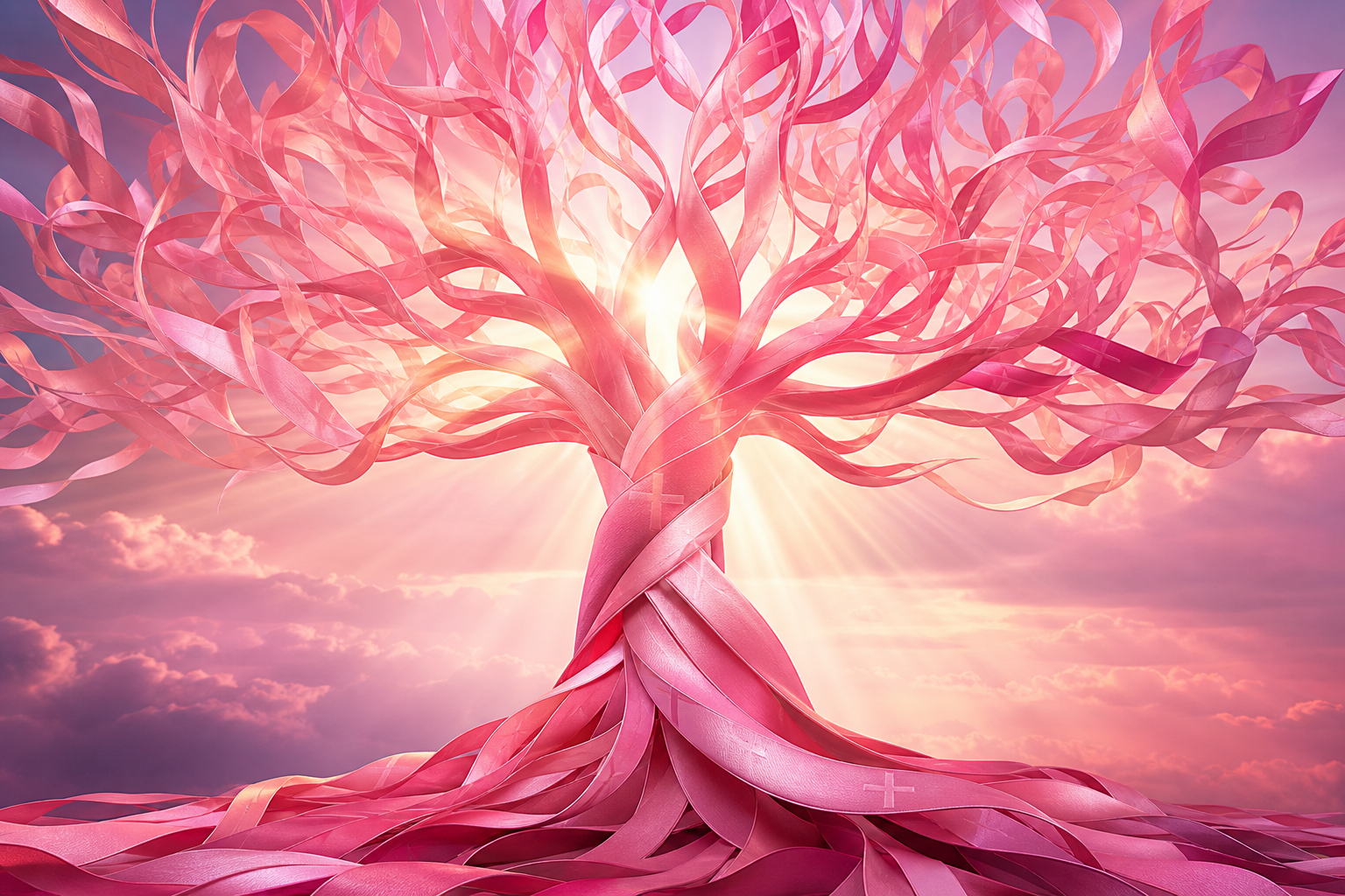 Pink ribbon gently tied around a tree, symbolizing Pink October Support