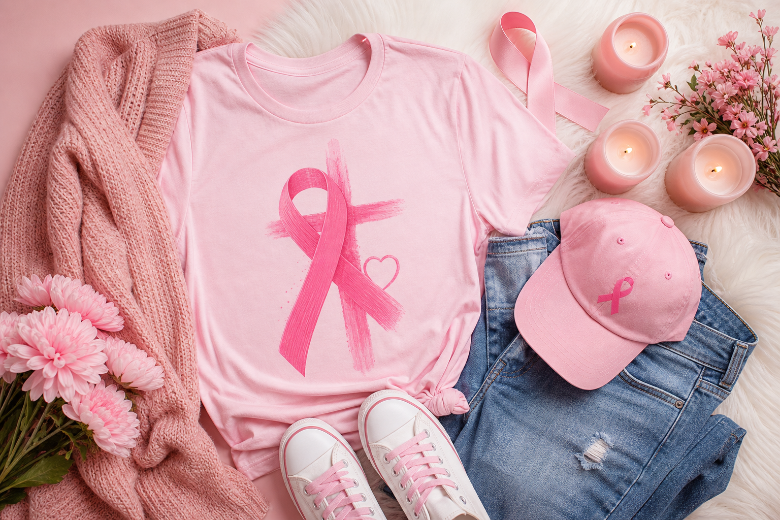 Diverse group of people wearing pink ribbon apparel, smiling and showing solidarity for breast cancer awareness