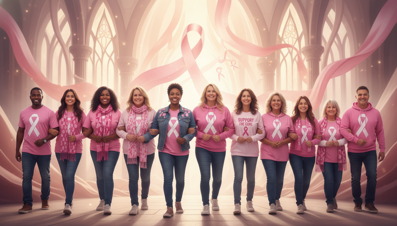 Community group participating in a breast cancer awareness walk, all wearing matching pink ribbon apparel